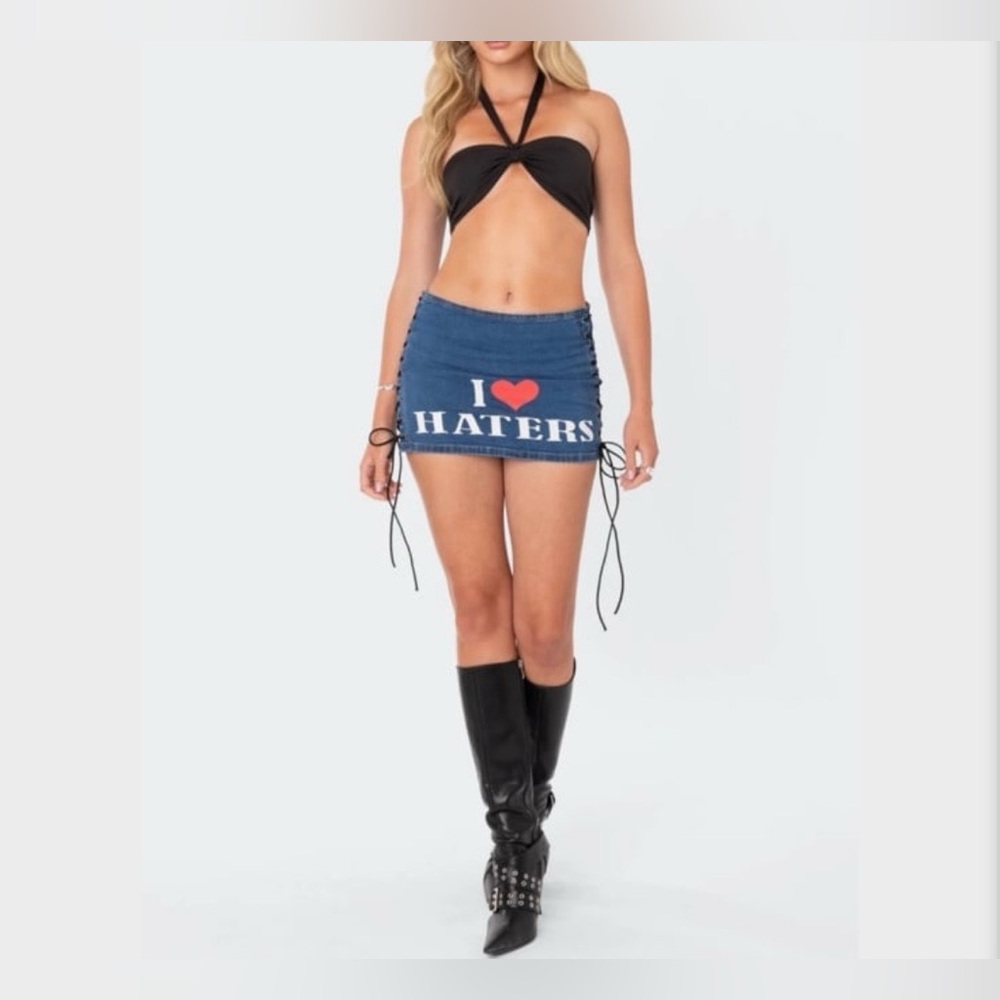EDIKTED Haters Lace Up Denim Skirt